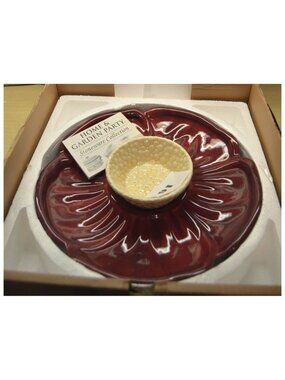 Home & Garden Party Floral Chip & Dip Stoneware Ceramic Tray & Bowl #93102 NOS